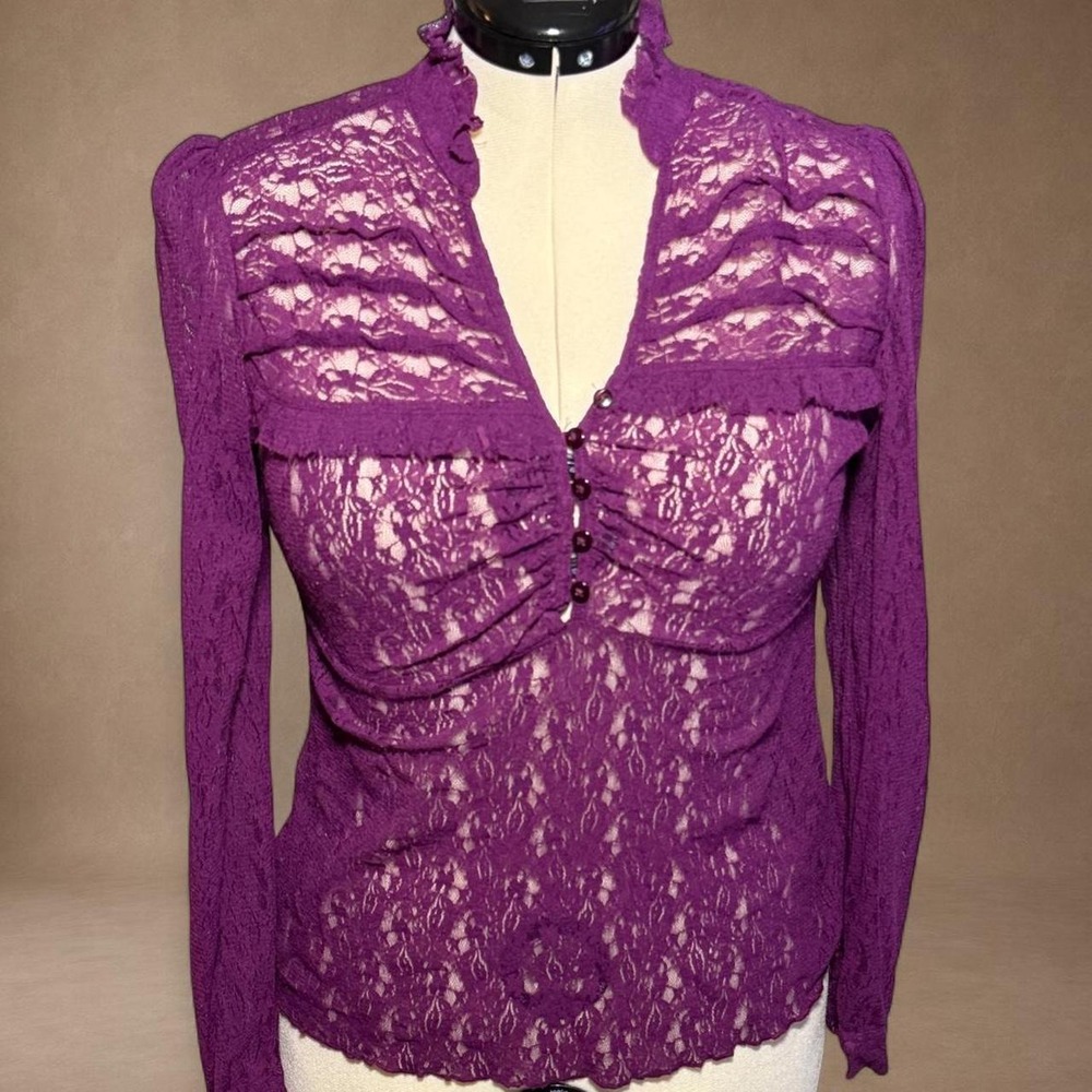 Purple Lace Ruched Ruffle Mock Neck Top Women's Medium Y2K Fairy Grunge